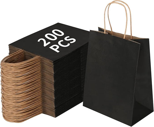 Joybe 200 Pack 8x4.75x10 Inch Medium Black Kraft Paper Bags with Handles Bulk, Craft Paper Gift Bags for Party Favors Grocery Retail Shopping Business Goody Merchandise Take Out Blank Sacks (200pcs)