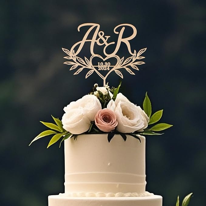 Custom Initials and Date Wedding Cake Topper Pesonalized Wedding Cake Decoration Heart and Leaves Design in Wood