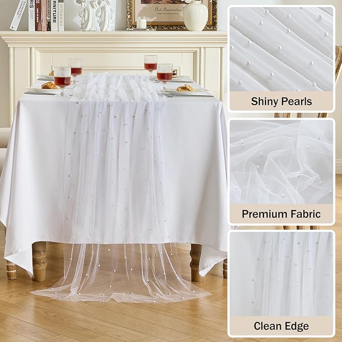 Fanami 6 Pack Pearl Table Runner -10FT Ivory White Boho Tulle Table Runners 120 Inches Long Rustic Sheer Lace Fabric Centerpieces for Wedding Arch Birthday Party Bridal Veil Baby Shower Decorations