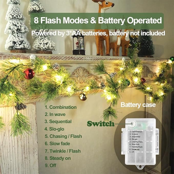 Christmas Garland Lights with Christmas Balls 6.56FT 30 LED Fairy Lights Battery Operated Smokey Pine Garlands with Pine Cones Greenery Garland Wreath for Xmas Tree Holiday Home Mantle Door Decoration