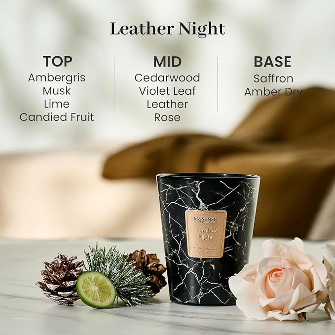 M&SENSE Leather Night Scented Candles for Home, 3 Wick Highly Scented Jar Candle, 14.1 Oz 80H Long Lasting Burning Christmas Candle for Women, Aromatherapy Candles for Holiday Christmas Gift
