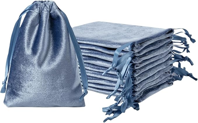 QIANF 12pcs Dusty Blue Velvet Drawstring Bags 4x6 inches Glossy Small Velvet Cloth Gift Bags Jewelry Pouches for Storage Wedding Party Favor Christmas