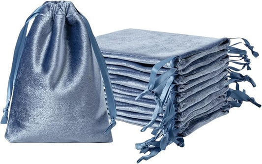QIANF 12pcs Dusty Blue Velvet Drawstring Bags 4x6 inches Glossy Small Velvet Cloth Gift Bags Jewelry Pouches for Storage Wedding Party Favor Christmas