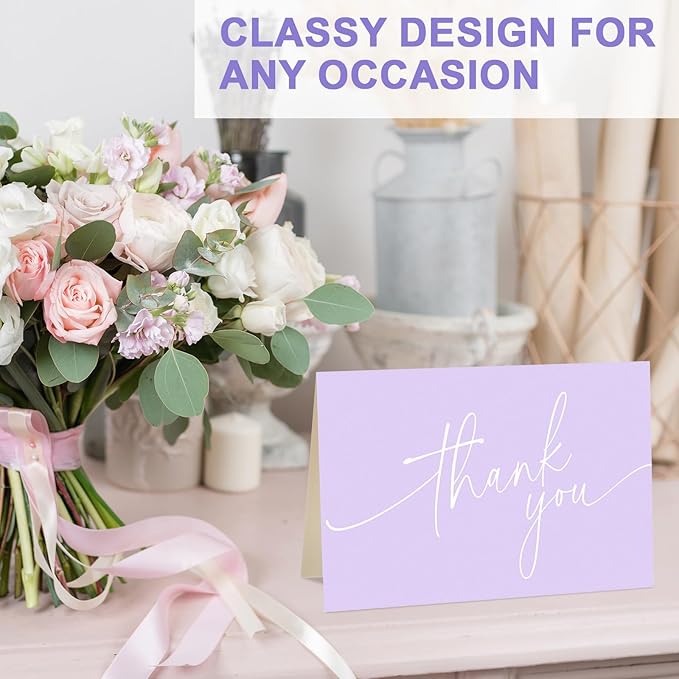 Teling 200 Set Thank You Cards with Envelopes Bulk, 6 x 4 Inch Blank Thank U Greeting Notes with Brown Kraft Envelopes Stickers Thankyou Card Set for Graduation Wedding Birthday Baby Shower(Purple)