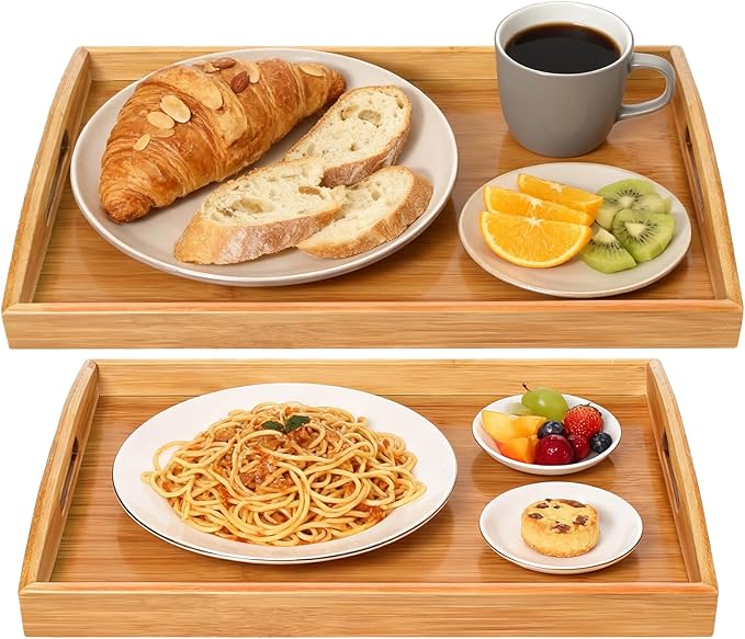2 Pack Bamboo Serving Tray with Handles, Portable Bed Tray for Breakfast Dinner, Eating Trays for Living Room,Restaurants
