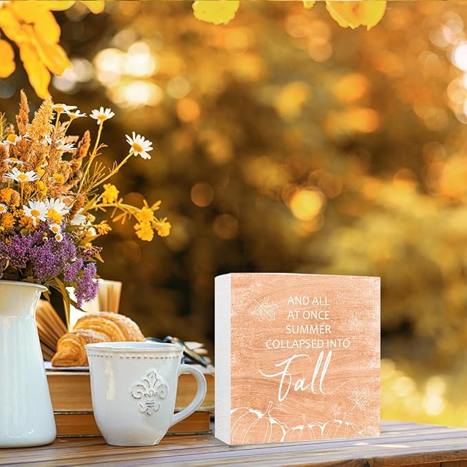 Funny Autumn Wood Box Sign Into Fall Wooden Block Desk Decor for Home Office Kitchen Cubicle Table Shelf Tabletop,Farmhouse Fall Sign Decor