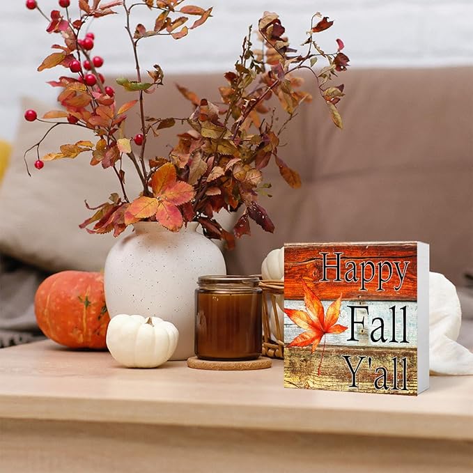 Funny Autumn Maple Leaves Wood Box Sign Happy Fall Y'all Wooden Block Desk Decor for Home Office Kitchen Cubicle Table Shelf Tabletop,Farmhouse Fall Sign Decor