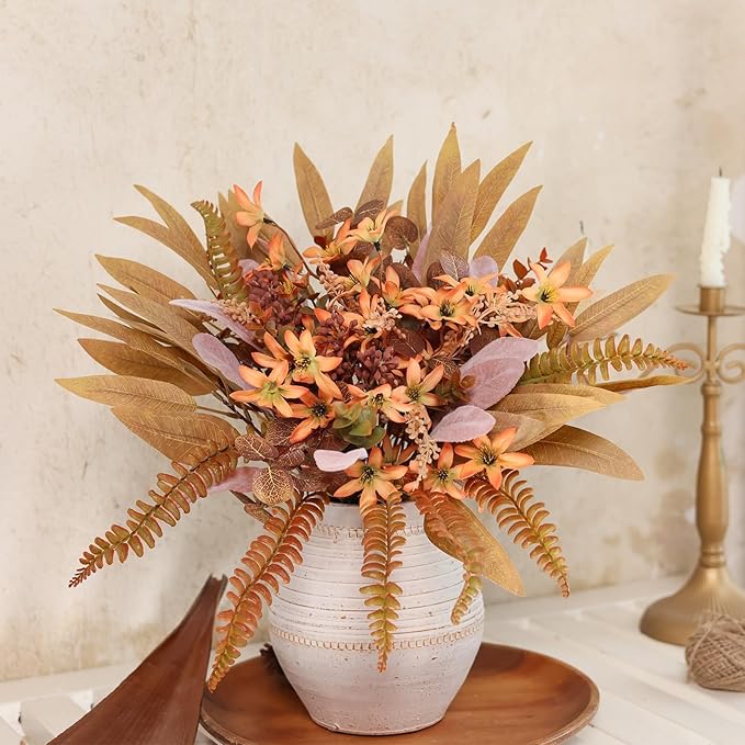 YXZZWL Artificial Greenery Stems Box Set for Fall Decorations，70 Pcs with 8 Kinds of Faux Eucalyptus Branches for Autumn Wedding DIY Bouquets Floral Arrangement Table Centerpieces (Brown & Orange)