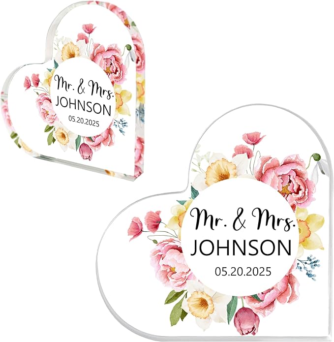 Custom Wedding Heart Acrylic Plaque,Mr & Mrs Cake Topper,Personalized Wedding Keepsake/Gift/Sign (Style 21)