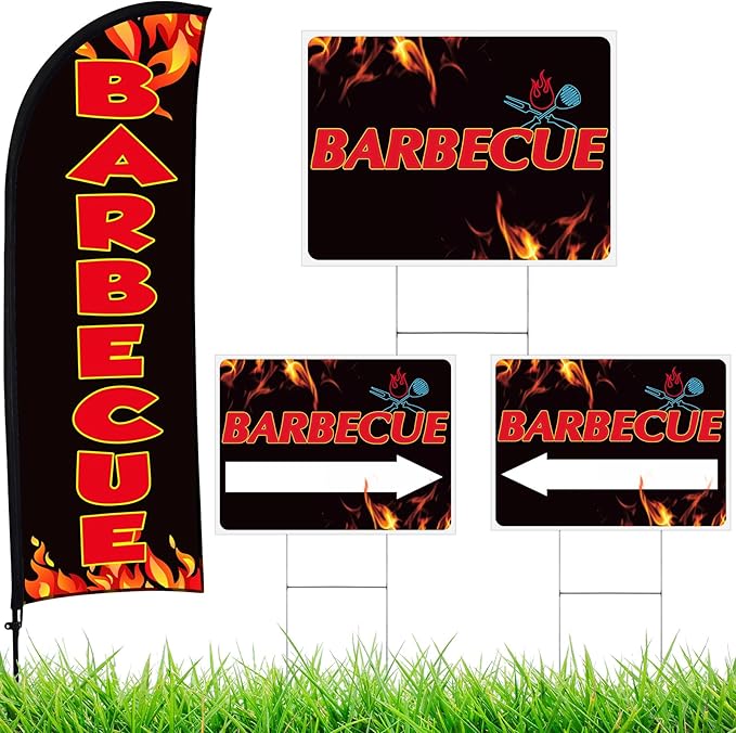 Buryeah BBQ Sign Banner Set Including 1 Pack Barbecue Feather Flag Banner 3 Pack Double Sided Directional Arrow Barbecue Yard Signs with Metal Stake for Business Advertising Outdoor Ground(Black)