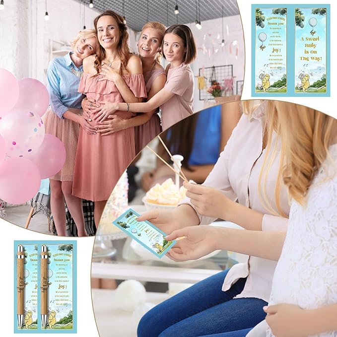 Toerifer Winnie Baby Shower Set, 30 Pcs Thank You Gifts, Bamboo Pens, Greeting Cards, Gender Reveal Souvenirs