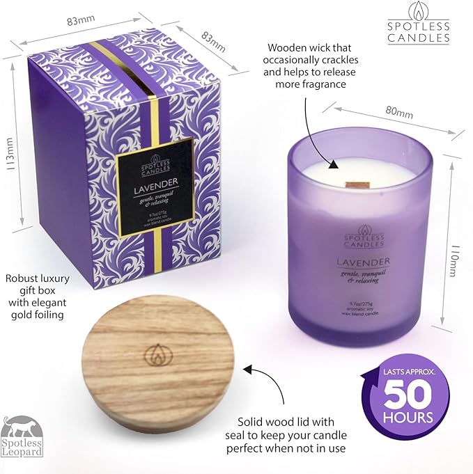 Lavender Candle - 9.7 oz /275g Lavender Scented Candle in Purple Glass Jar with Wooden Lid and Wooden Crackling Wick in a Luxurious Gift Box - Gentle, Tranquil and Relaxing