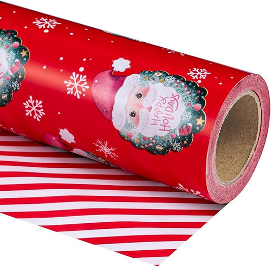 WRAPAHOLIC Reversible Christmas Wrapping Paper - Mini Roll - 17 Inch x 33 Feet - Red Santa Claus and Stripes Design for Christmas, Holiday, Party Celebration