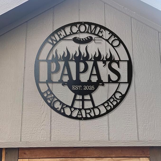 Custom BBQ Grill Metal Sign - Personalized Backyard Bar Name Sign - Outdoor Kitchen Wall Art - Unique Housewarming Gift for Dad, Grandpa, Husband, Pop
