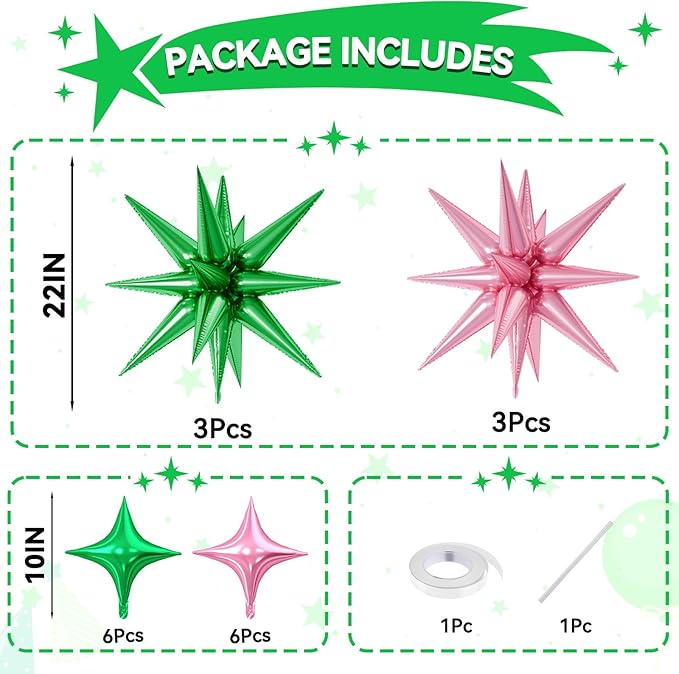 18 Pcs Pink Green Star Balloons, Green and Pink Balloon with 6 Pcs 22-Inch Explosion Star Balloons 12Pcs 10-Inch Four Pointed Stars Foil Balloon for Wedding Forest Spring Birthday Party Decor