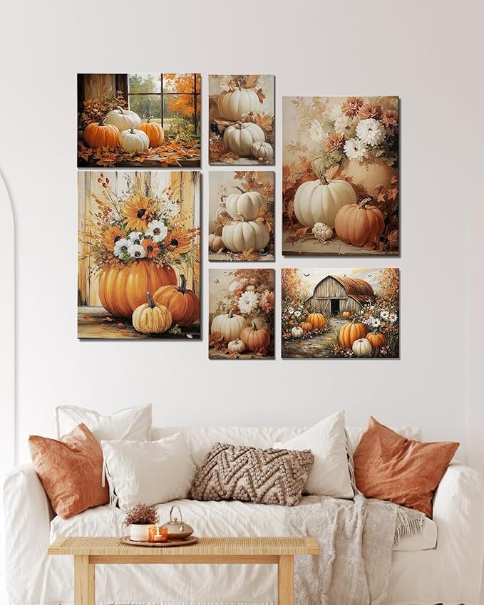 AbcCustomize Vintage Pumpkin Floral Wall Art Decor, Rustic Fall Daisy Flowers Canvas Print for Farmhouse Autumn Decor, Thanksgiving Decorations for Living Room Kitchen Dining Room, Ready to Hang