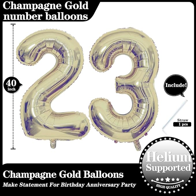Champagne Gold 23 Number Balloons, 40 Inch Giant Number 23 Balloons Foil Mylar Helium Light Gold Number Balloons for 23th Birthday Party Supplies Anniversary Event Celebration Decorations