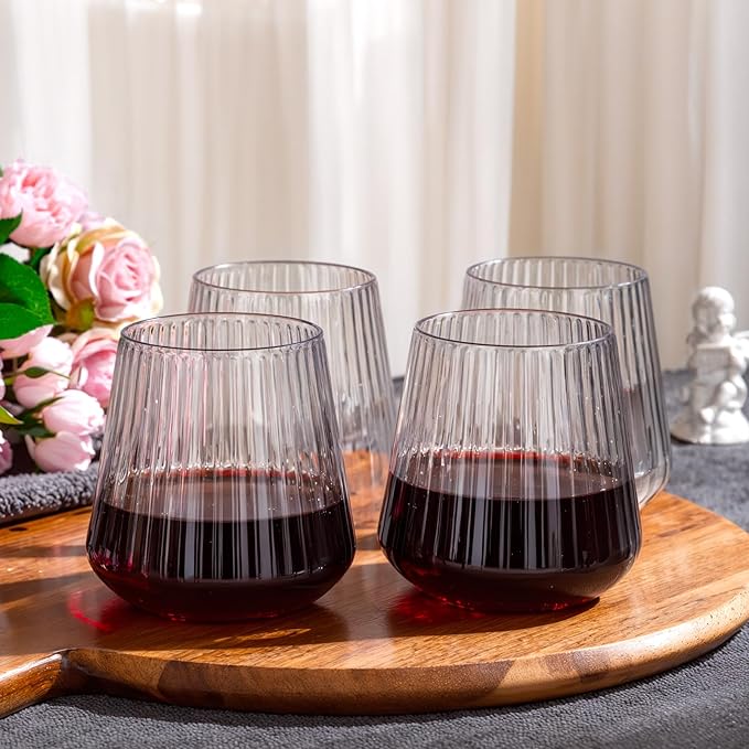 Ciaell 30 Pack Plastic Ribbed Wine Glasses - 14 OZ Thicker Origami Stemless Disposable Wine Champagne Whiskey Unbreakable Clear Cocktail Glass, Reusable Wine Cups for Home Party Wedding Bar
