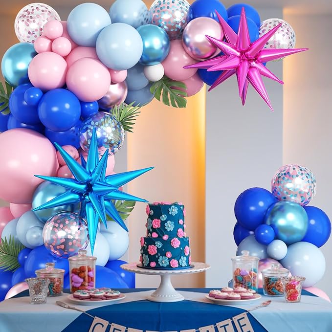 Royal Blue and Pink Balloons Arch 118pcs Pastel Blue Light Pink Balloons Garland Metallic Confetti Latex Balloon Explosion Star Foil Summer Hawaii Birthday Party Decorations Gender Reveal Baby Shower