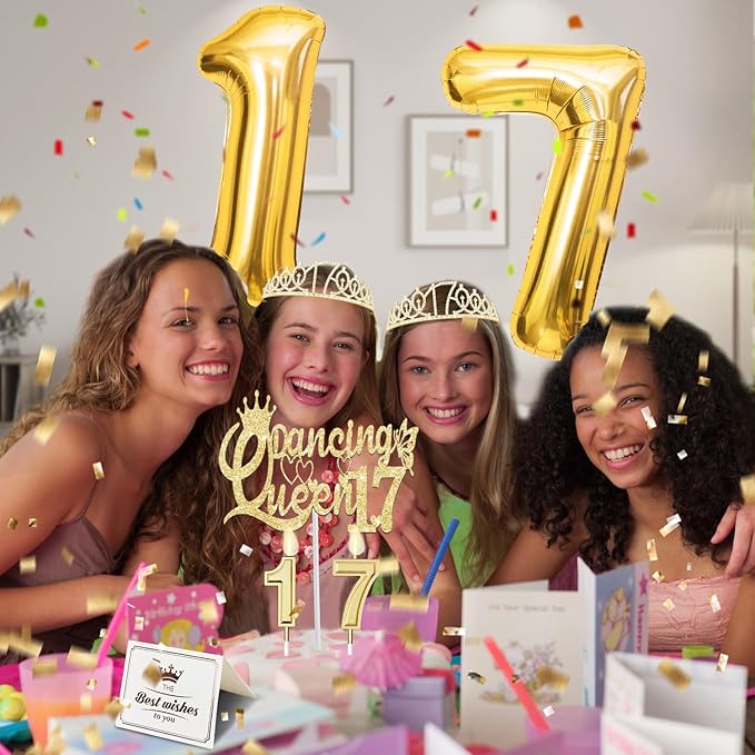 Dancing Queen Party Decorations 17 with Gold Dancing Queen Sash and Tiara, Cake Topper and Candles, Number Balloons Gold for 17th Birthday Decorations for Girls