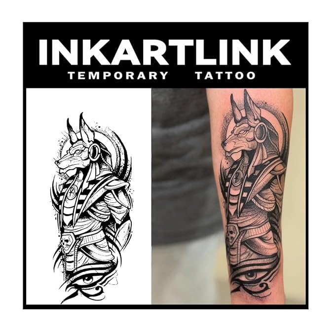 INKARTLINK Tattoo Tech, 2 Sheets Large Semi Permanent Tattoo, Adult Art Design Temporary Tattoos, Lasts 1-2 Weeks, Waterproof, Realistic Look, No Adhesive, No Reflection (Anubis Design)