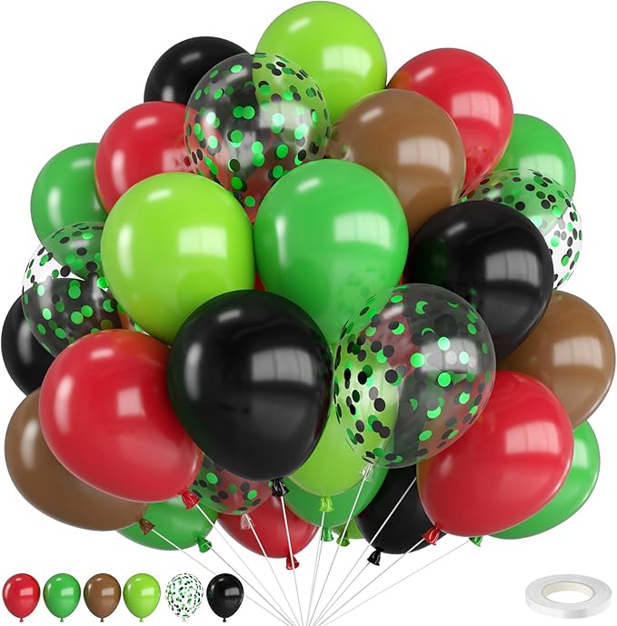 Red Green and Brown Balloons,12 Inch Red Green Brown and Black Balloons with Confetti Balloon for Boy Video Game Jungle Safari Baby Shower Woodland Hunting Army Party Decorations
