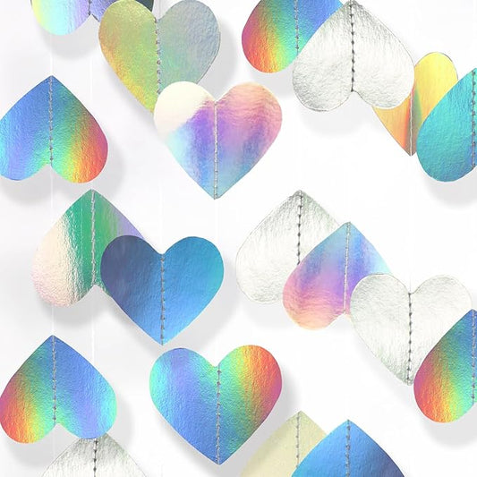 Iridescent Rainbow Birthday Party Decorations: Mermaid Unicorn Disco Themed Hearts Banner Garland Streamers Backdrop for Bachelorette Bridal Shower Engagement Wedding Valentines Day Décor - 52 Ft