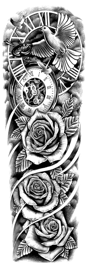 INKARTLINK Semi Permanent Tattoo, 2 Pieces Full Arm Large Size Art Party Tattoos, Comes with a Pair of Anti-Transfer Sleeves, Lasts 7-15 Days, Waterproof (Rose, Dove of Peace, Clock)