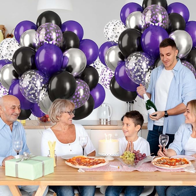 60PCS Purple Black and Silver Balloons,10 inch Purple Black and Silver Balloon Arch Kit Birthday Decorations,Suitable for Birthday Wedding,Halloween Party Decorations