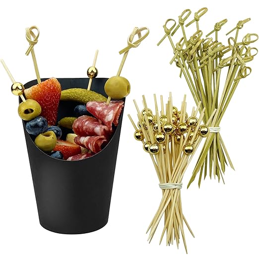 [50 Cups + 200 Picks] CAMKYDE 14 oz Disposable Charcuterie Cups with Sticks (Black)