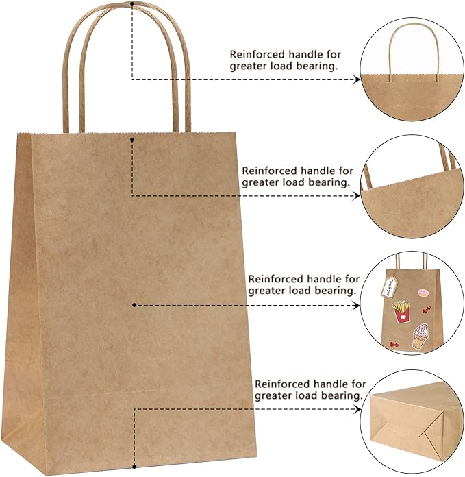 REMTAP Gift Paper Bags 5.9×3.2×8.2 50Pcs Kraft Bags with Handles Bulk Gift Bags for Wedding Party Craft Retail Packaging, Shopping, Party Favor, Retail Bag (Brown-S-50pcs, 5.9×3.2×8.2)