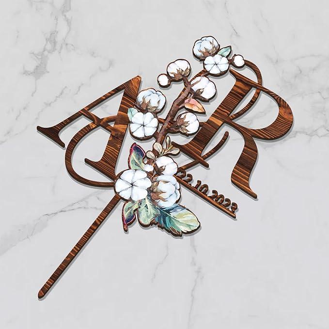 Personalized Autumn Wedding Cake Topper in Wood Custom Bride and Groom Initial Cake Topper Wedding Date Cake Decoration (Cotton)