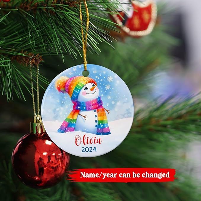 Personalized Rainbow Snowman LGBT Pride Ceramic Christmas Ornament 2025, Custom Name & Year, Gift for Family & Friends