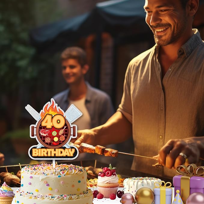 Barbecue Cake Topper 40th Birthday Happy BBQ Sausage Decorations for Men and Women Birthday Party, Summer Outdoor Picnic Party, Anniversary Friends Family Event Gathering Cooking Grill Decoration