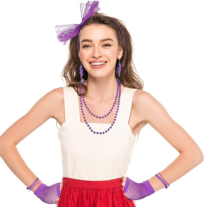 Handepo 19 Pcs 80s Costume Accessories Holographic Fanny Pack Leg Warmers Lace Headband Earrings Gloves Necklace Bracelet