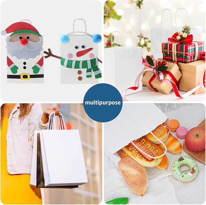 FACEBAG 50 PCS White Paper Bags with Handles Bulk, 8x4.25x10.5 Inches,Medium-sized White Gift Bags with Handles for Party Favors，Take-Out，Grocery Shopping & Retail，Reusable & Durable