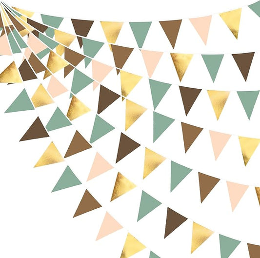 32Ft Sage Green Brown Party Decorations Gold Green Brown Triangle Flag Fabric Banner Pennant Bunting Garland Streamer for Jungle Safari Wild Woodland Dinosaur Birthday Wedding Baby Shower Party Decor