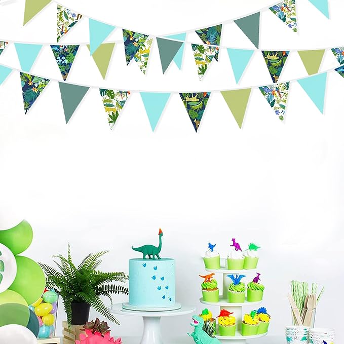 32Ft Teal Blue Green Summer Tropical Leaves Wild Animals Printed Pennant Banner Fabric Triangle Flag Cotton Bunting Garland for Birthday Party Wedding Home Nursery Outdoor Garden Hanging Decoration