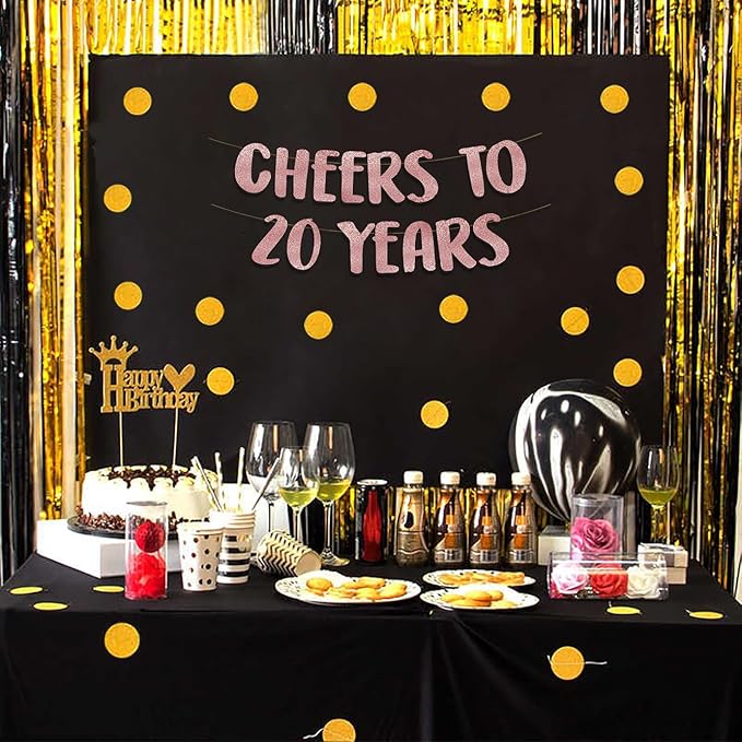 Cheers to 20 Years Rose Gold Glitter Banner - 20th Anniversary and Birthday Party Decorations