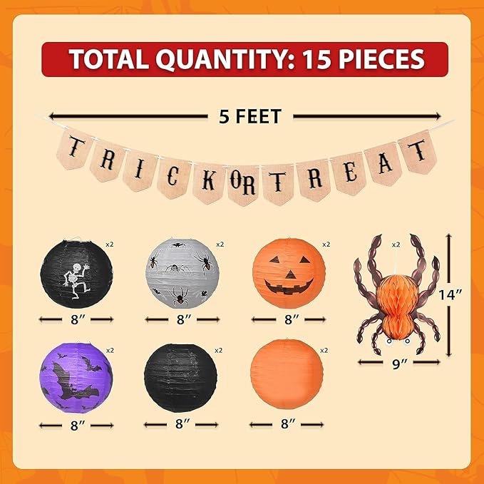 Mudra Crafts Hanging Spider Bat Skeleton Pumpkin Paper Lanterns Outdoor Indoor Jack-o’-Lantern Halloween Decorations Party Banner Set, Orange Black Purple 12-Inch Spooky Lamps