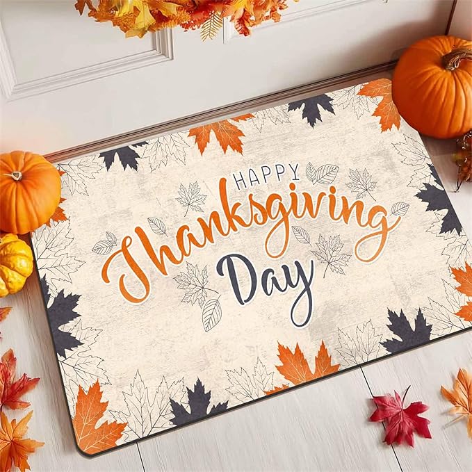 InterestPrint Happy Thanksgiving Day Door Mat Outdoor for Front Door, Fall Maple Leafs Welcome Doormat Non-Slip Washable Autumn Leaves Doormat Entrance Rug for Indoor Outdoor