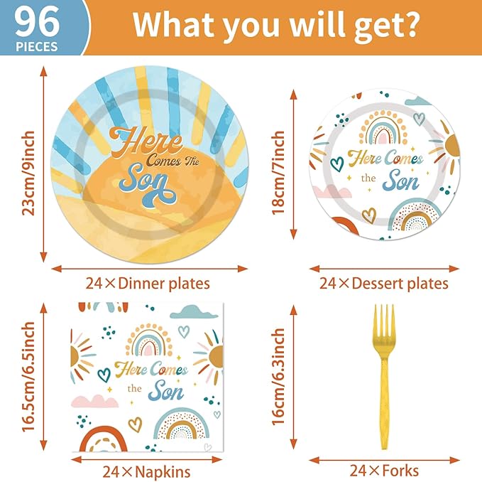 96PCS Here Comes The Son Plates and Napkins Party Supplies Here Comes the Son Baby Shower Decor Sunshine Baby Shower Decorations Boy Boho Sun Tableware Set for 24 Guests