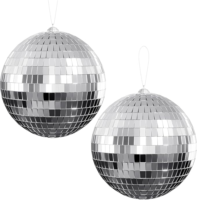 Disco Ball 4" Inch 2-Pack,Silver Hanging Ball with Attached String for Ring,Reflects Light,Fun Party Home Bands Decorations,Party Favor.