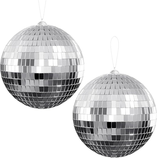Disco Ball 4" Inch 2-Pack,Silver Hanging Ball with Attached String for Ring,Reflects Light,Fun Party Home Bands Decorations,Party Favor.