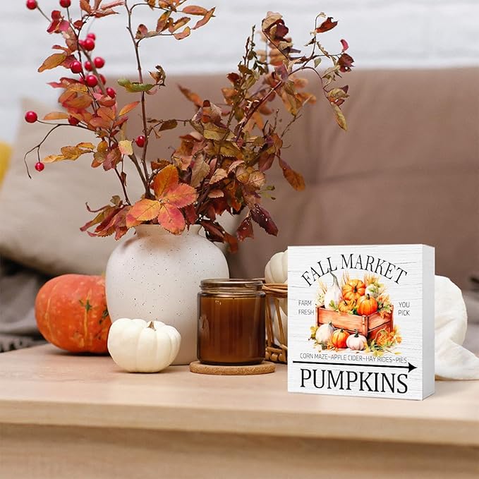 Funny Autumn Wood Box Sign Fall Market Pumpkins Wooden Block Desk Decor for Home Office Kitchen Cubicle Table Shelf Tabletop,Farmhouse Fall Sign Decor