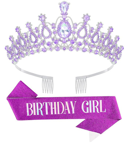 Birthday Tiara and Crown with Sash for Women, Hair Accessories for Wedding Party Costume (B - Purple)