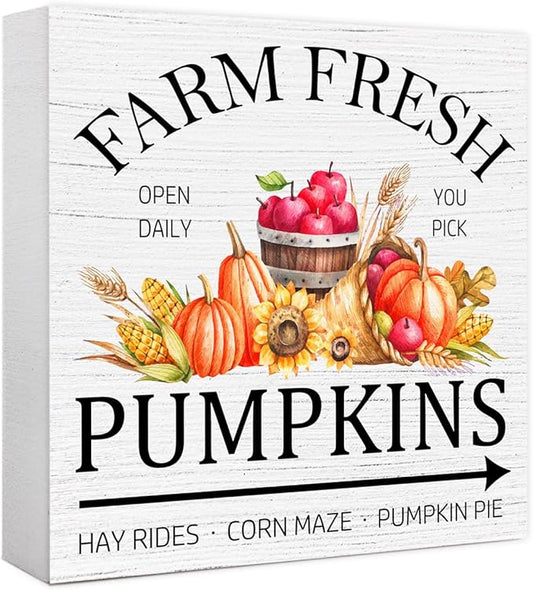 Funny Autumn Wood Box Sign Fresh Pumpkins Wooden Block Desk Decor for Home Office Kitchen Cubicle Table Shelf Tabletop,Farmhouse Fall Sign Decor