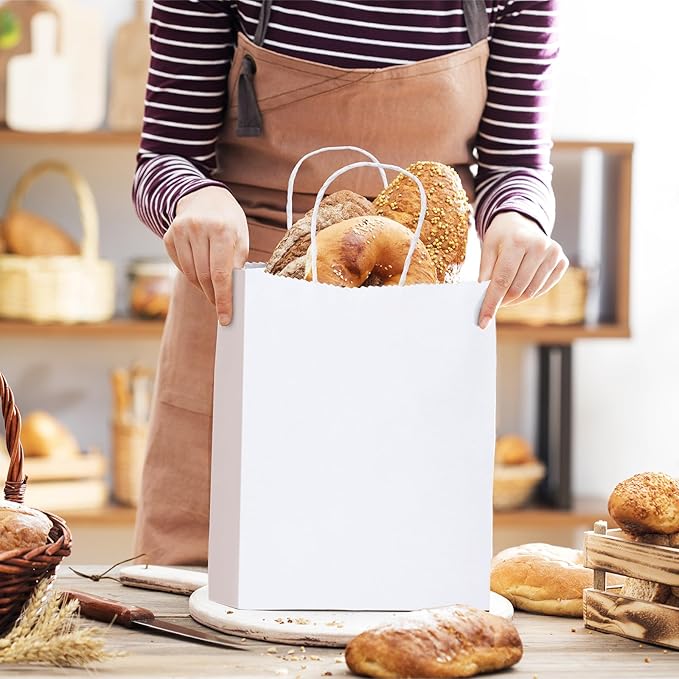 METRONIC Gift Bags 10x5x13'' 100Pcs White Paper Bags with Handles Bulk, Kraft Paper Bag for Small Business, Birthday Wedding Party Favor Bag, Christmas Gift bags, Retail shopping Bags