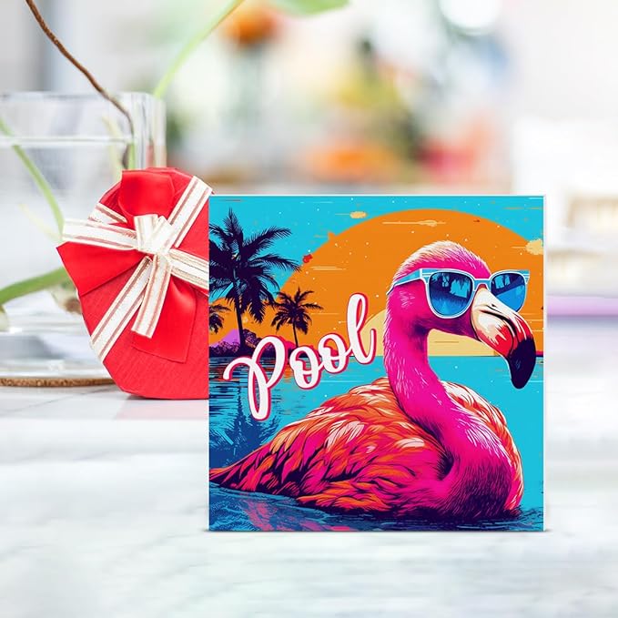Flamingo Decor Summer Wood Block Sign Sun Decorations for Home Desk Table Shelf 5 x 5 Inches