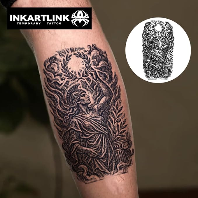 INKARTLINK Tattoo Tech, 2 Sheets Medium Semi Permanent Tattoo, Adult Art Design Temporary Tattoos, Lasts 1-2 Weeks, Waterproof, Realistic Look, No Reflection (Laurel - Bearing Figure)